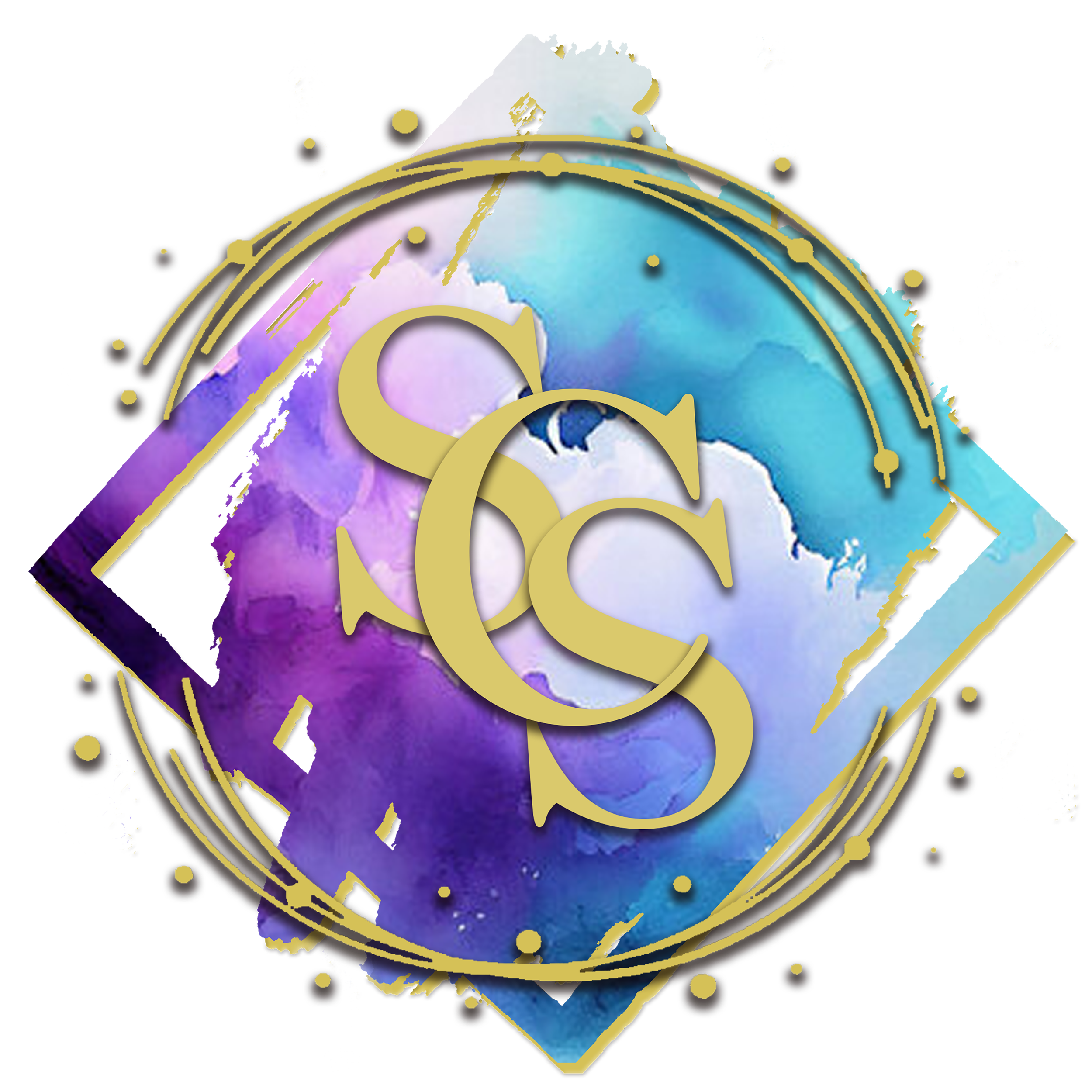 A stylized logo with watercolor background in shades of purple, blue, and teal, featuring gold geometric accents and monogram initials 'SCS' in gold lettering.