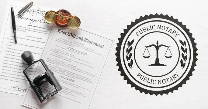 Documents related to inheritance and estate planning, including a last will and testament and a marriage contract, along with a notary public seal, a pen, and keys.