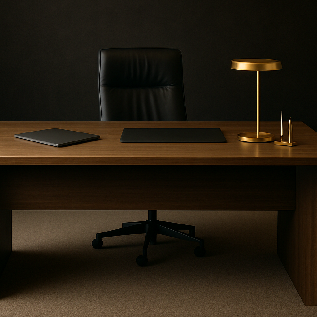 A modern office desk with a black leather chair, a closed silver laptop, a closed black laptop, a gold desk lamp, and two gold pen holders on a dark wall background.