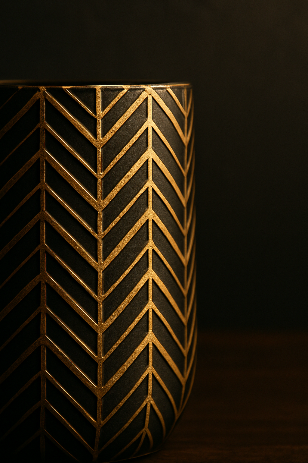 Close-up of a black vase with gold geometric chevron pattern on a dark background.