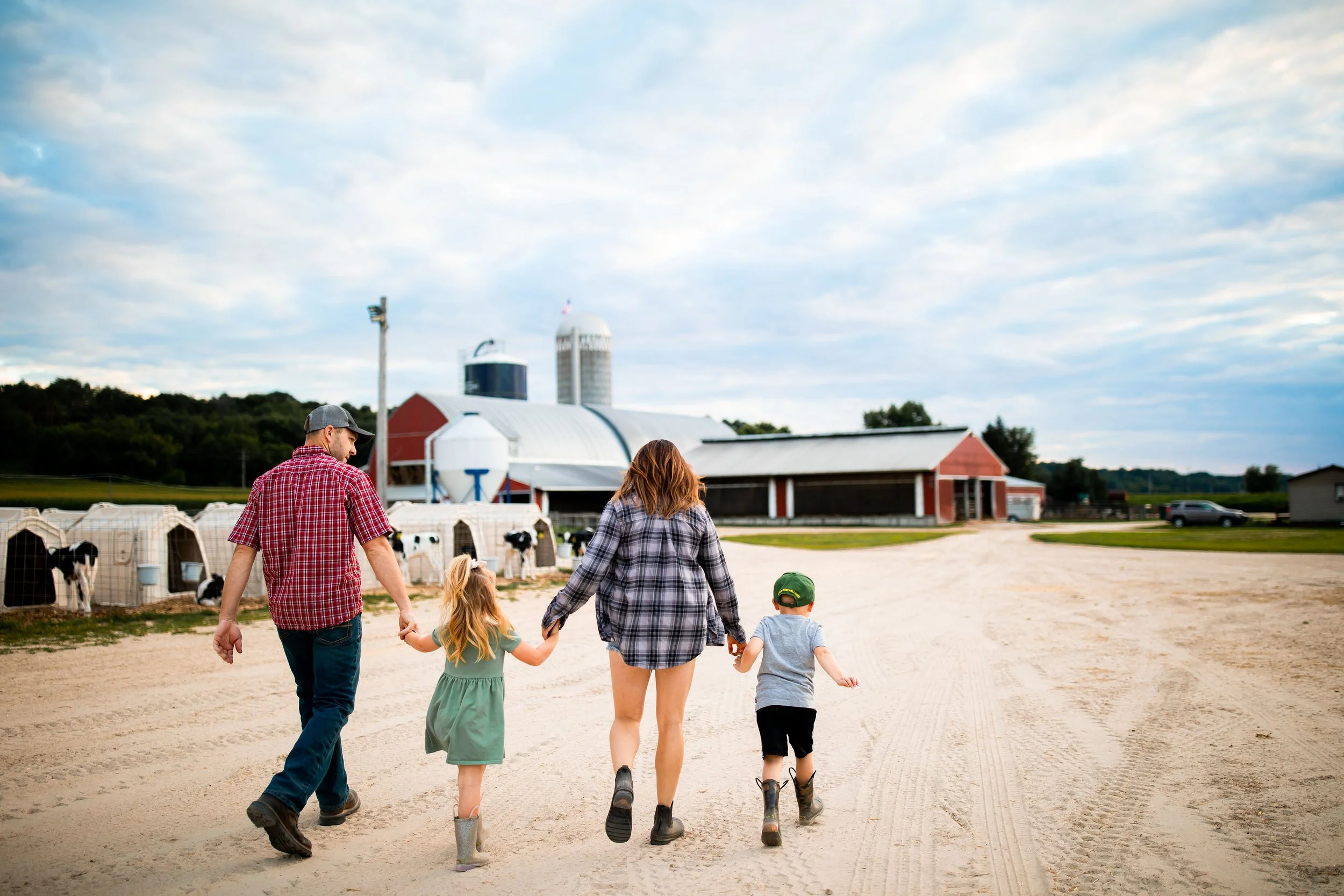 A family of four holding hands and walking on a farm dirt path, with cows in pens, red barns, farm buildings, and silos in the background under a partly cloudy sky.