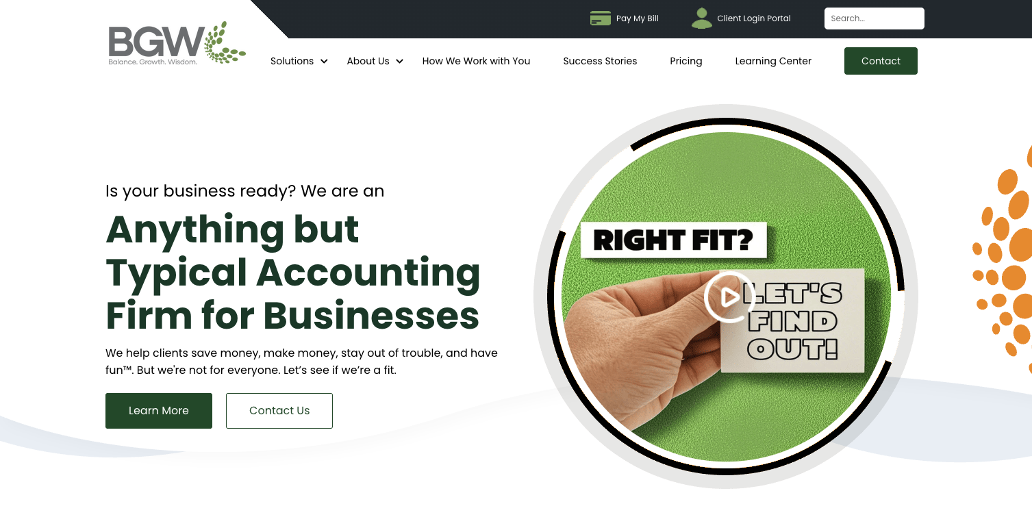Hero section of an accounting firm website, BGW