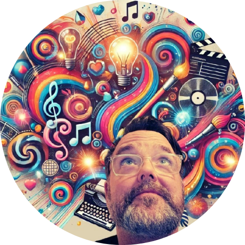 A man with glasses and a beard looking up in front of a colorful mural featuring musical notes, light bulbs, a rainbow, a vinyl record, a typewriter, and an artist's palette.