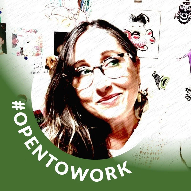 A woman with long brown hair and glasses smiling in front of a wall decorated with drawings and pictures, with a green circle overlay and the hashtag '#OPENTOWORK'.