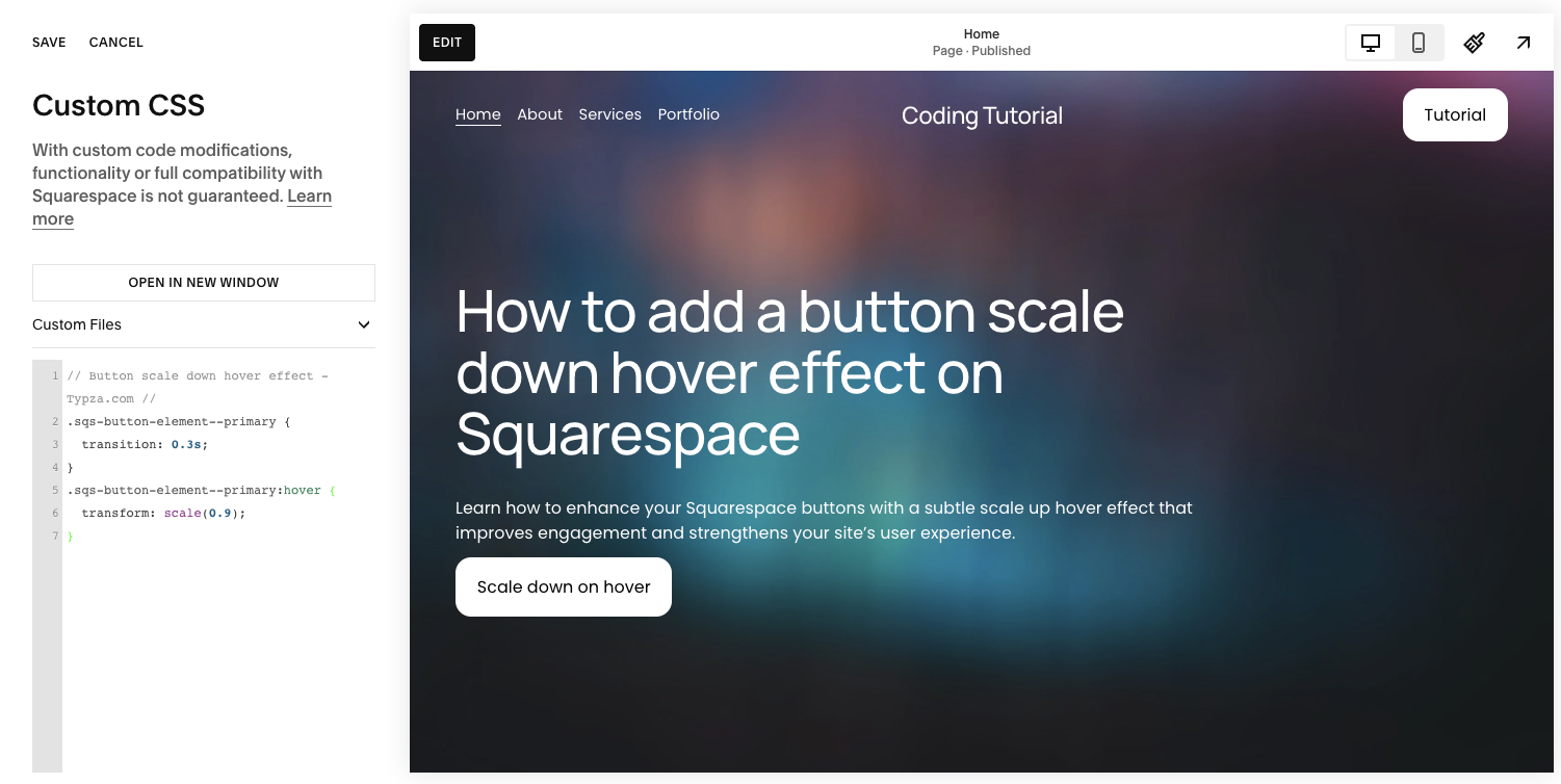 Screenshot of step 2 on how to add a button scale down hover effect on Squarespace