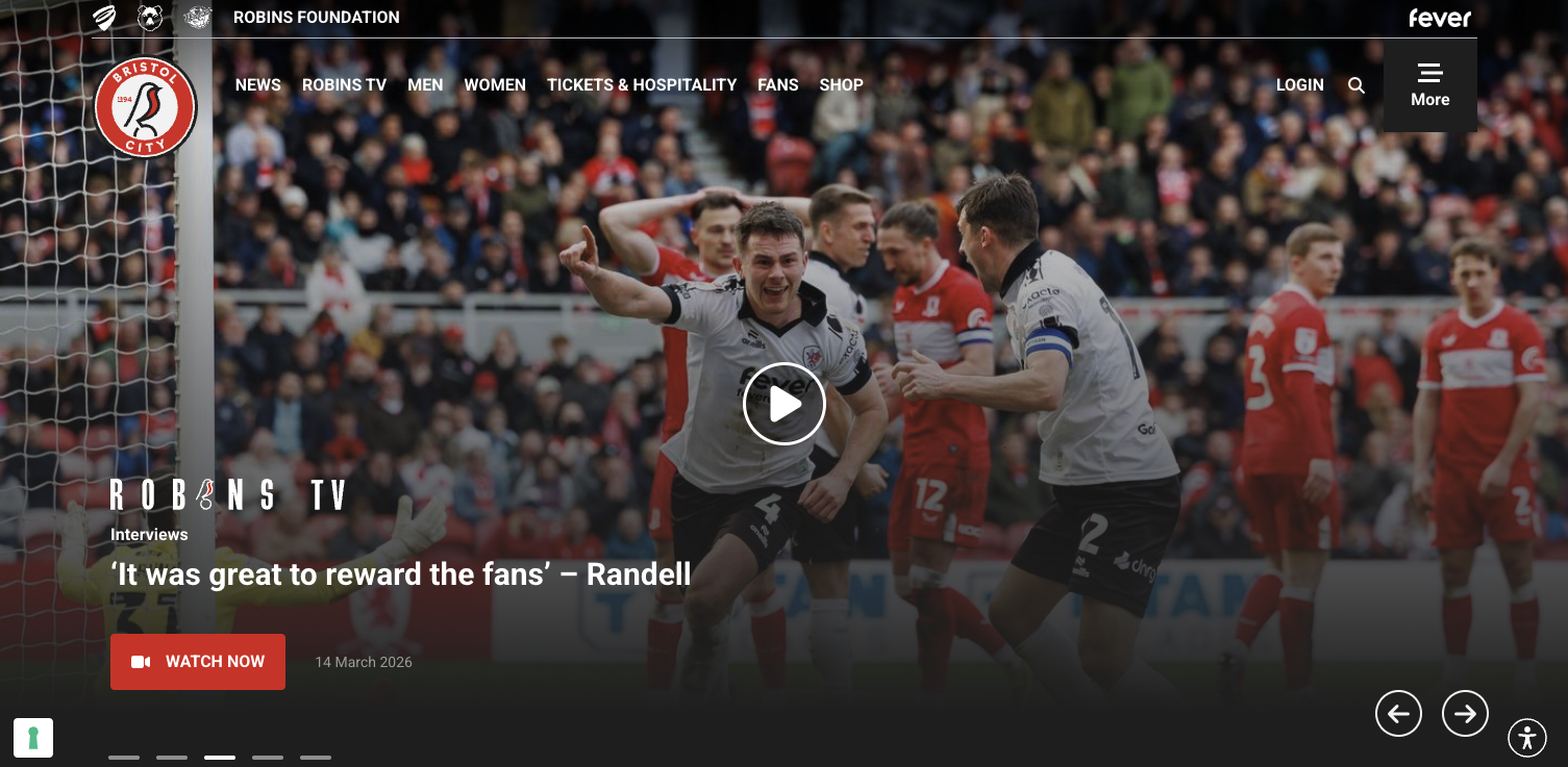 Hero section of a sport club website, Bristol City