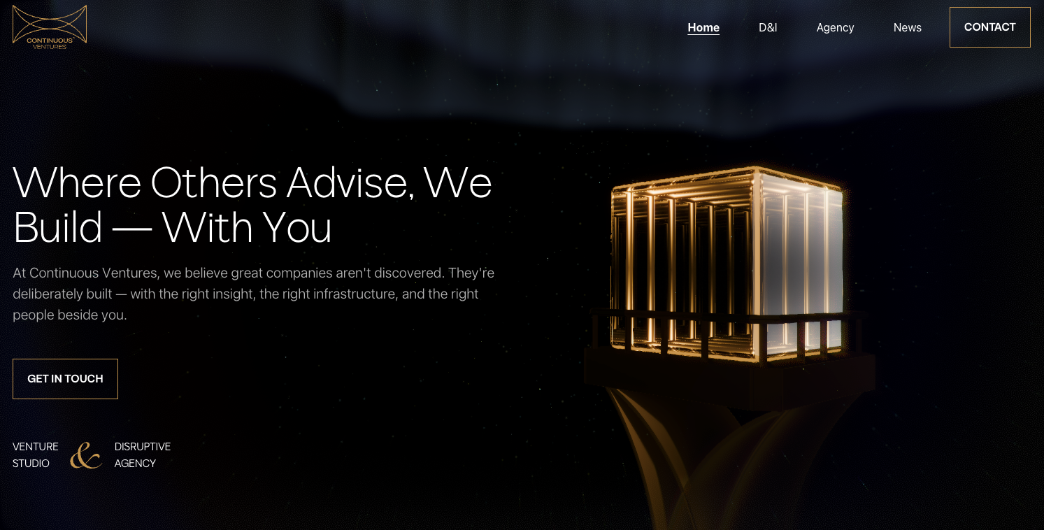 Hero section of a venture capital firm website, Continuous Ventures
