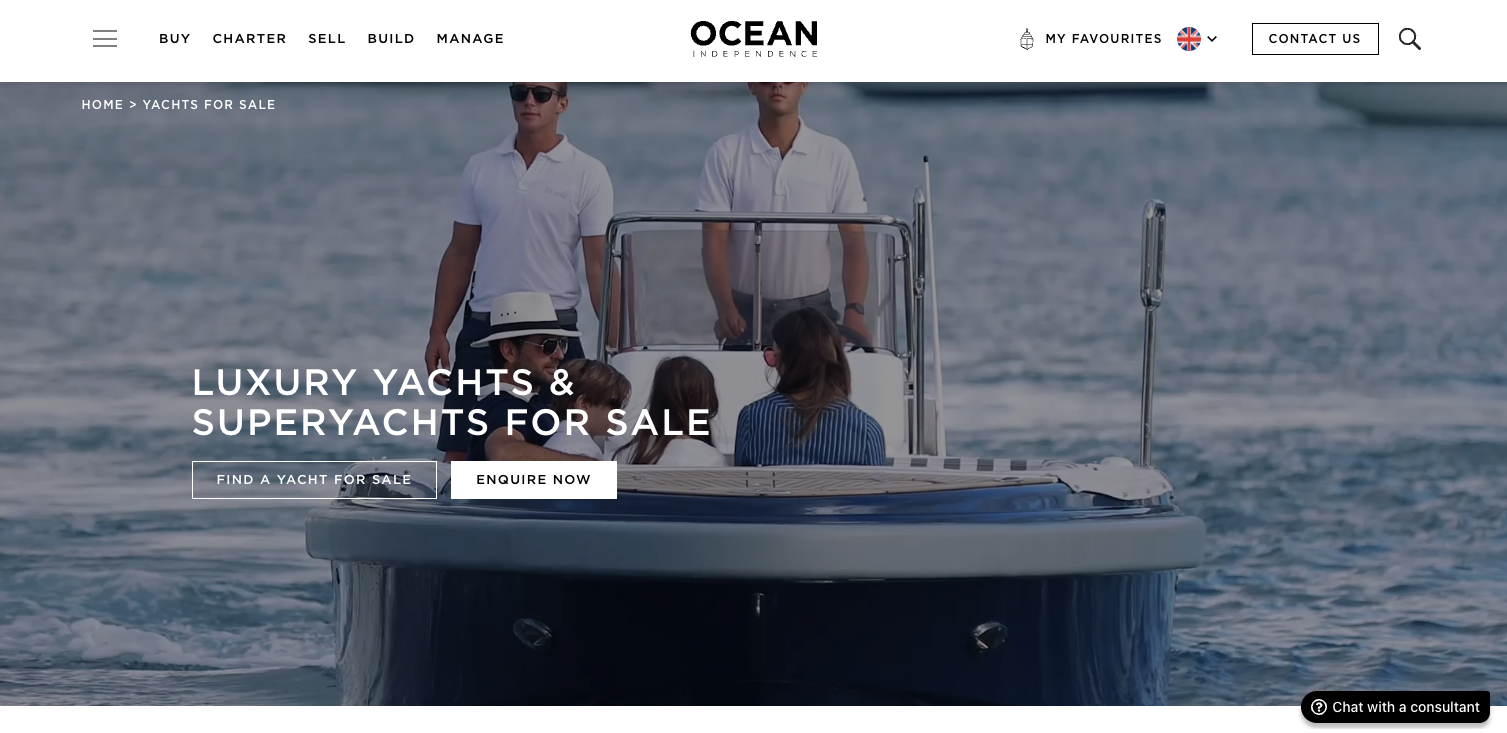 Hero section of a yacht dealer website, Ocean Independence