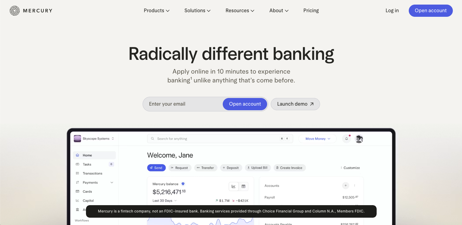 Hero section of a fintech startup website, Mercury
