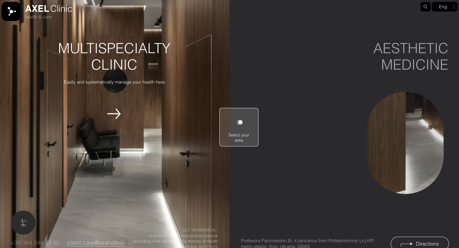 Hero section of a private hospital website, Axel Clinic