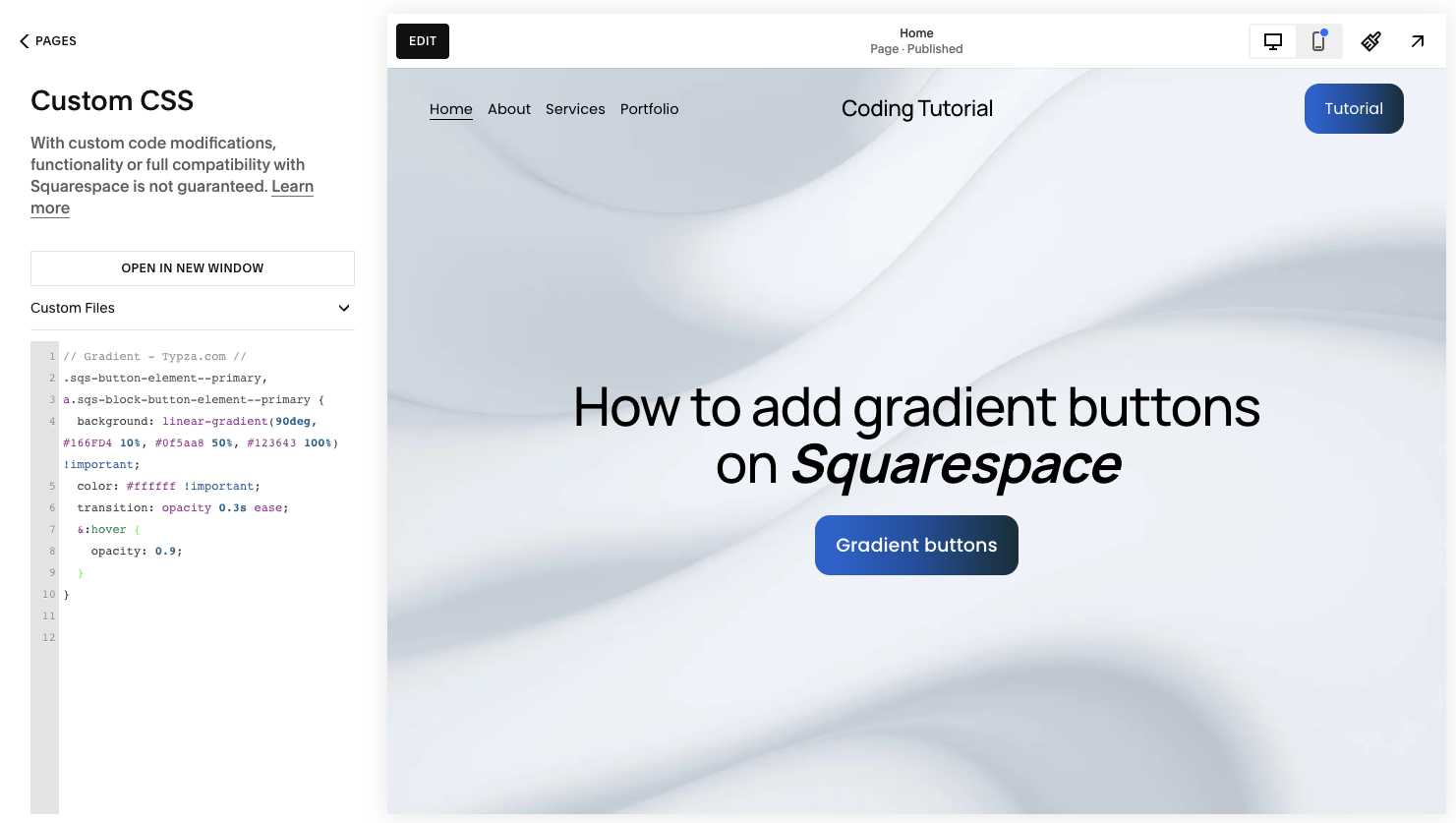 Screenshot of step 2 on how to add gradient buttons on Squarespace