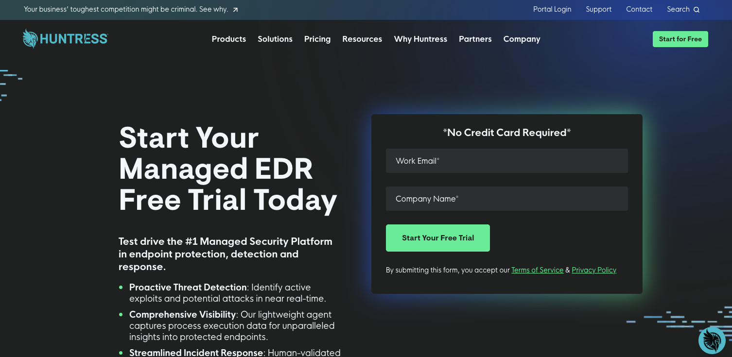 Hero section of a cybersecurity company website, Huntress
