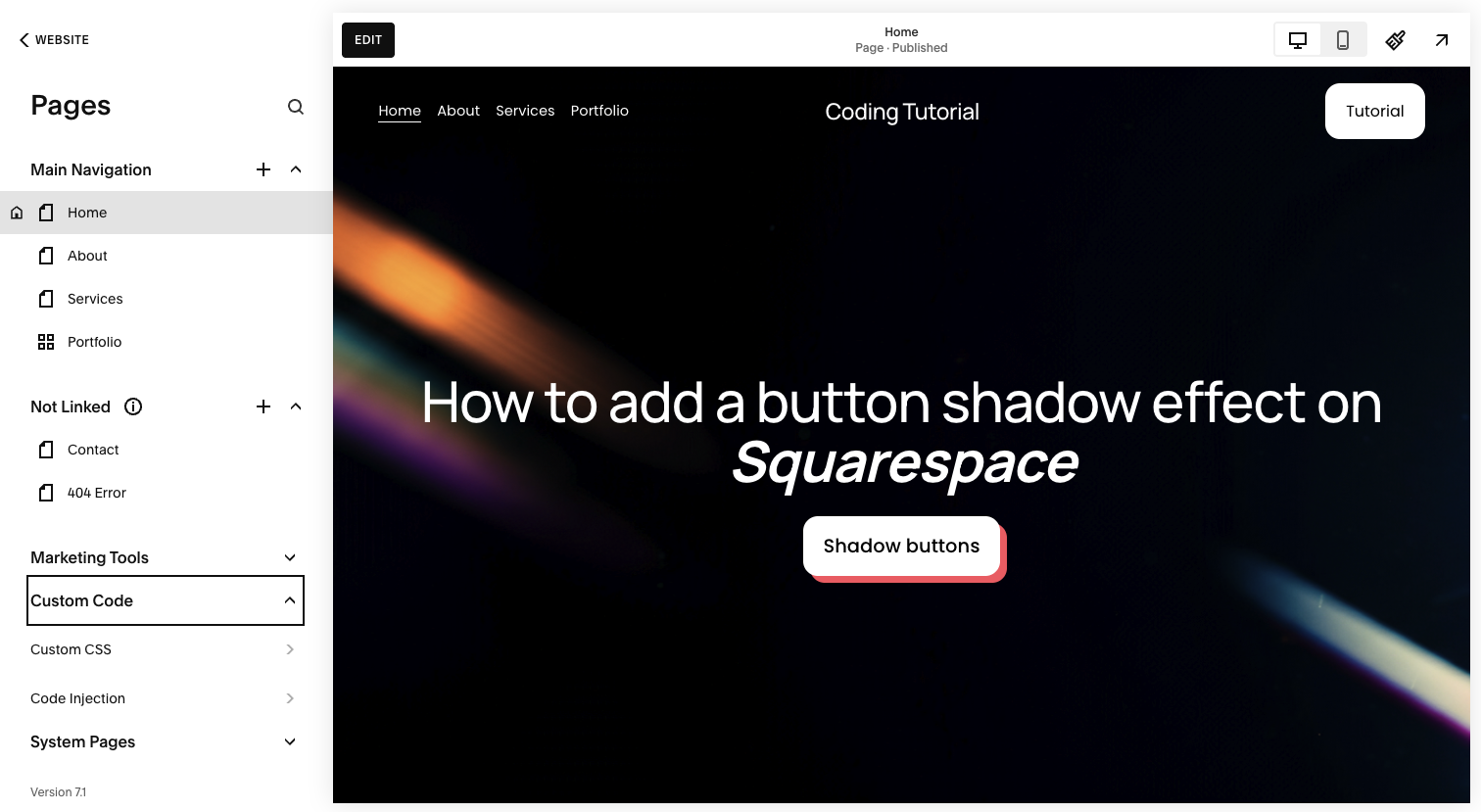 Screenshot of step 1 on how to add a button shadow effect on Squarespace