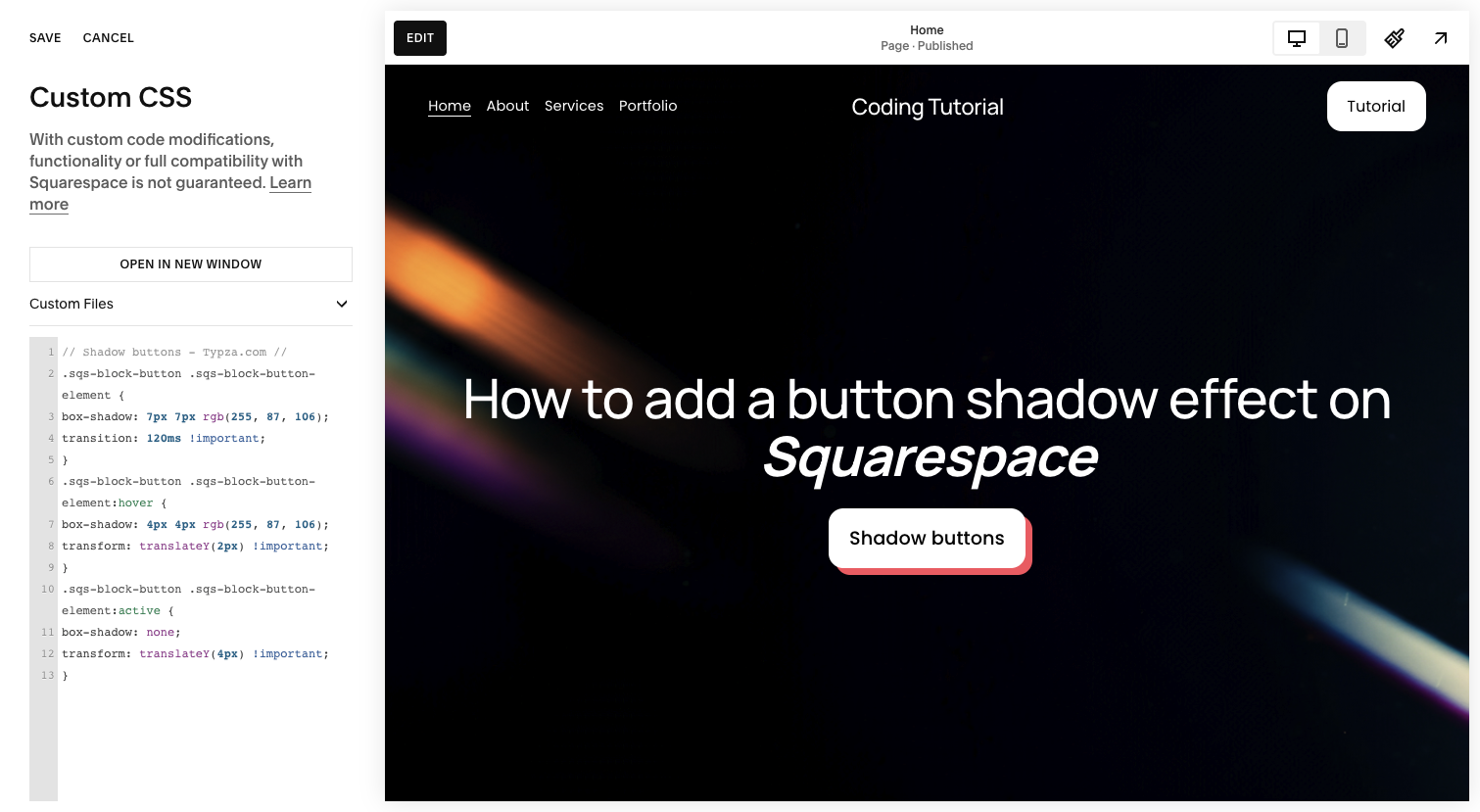 Screenshot of step 2 on how to add a button shadow effect on Squarespace