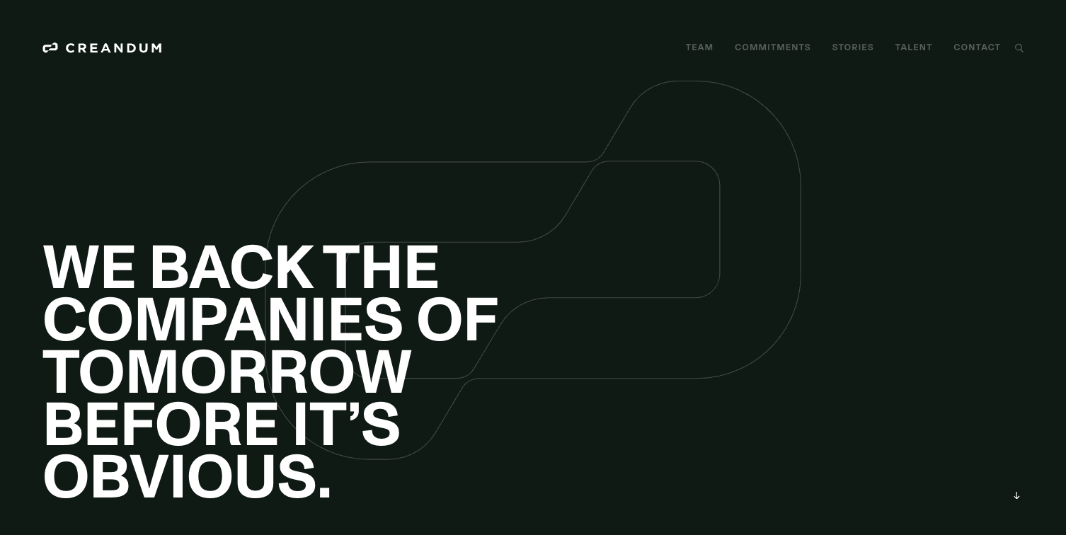 Hero section of a venture capital firm website, Creandum