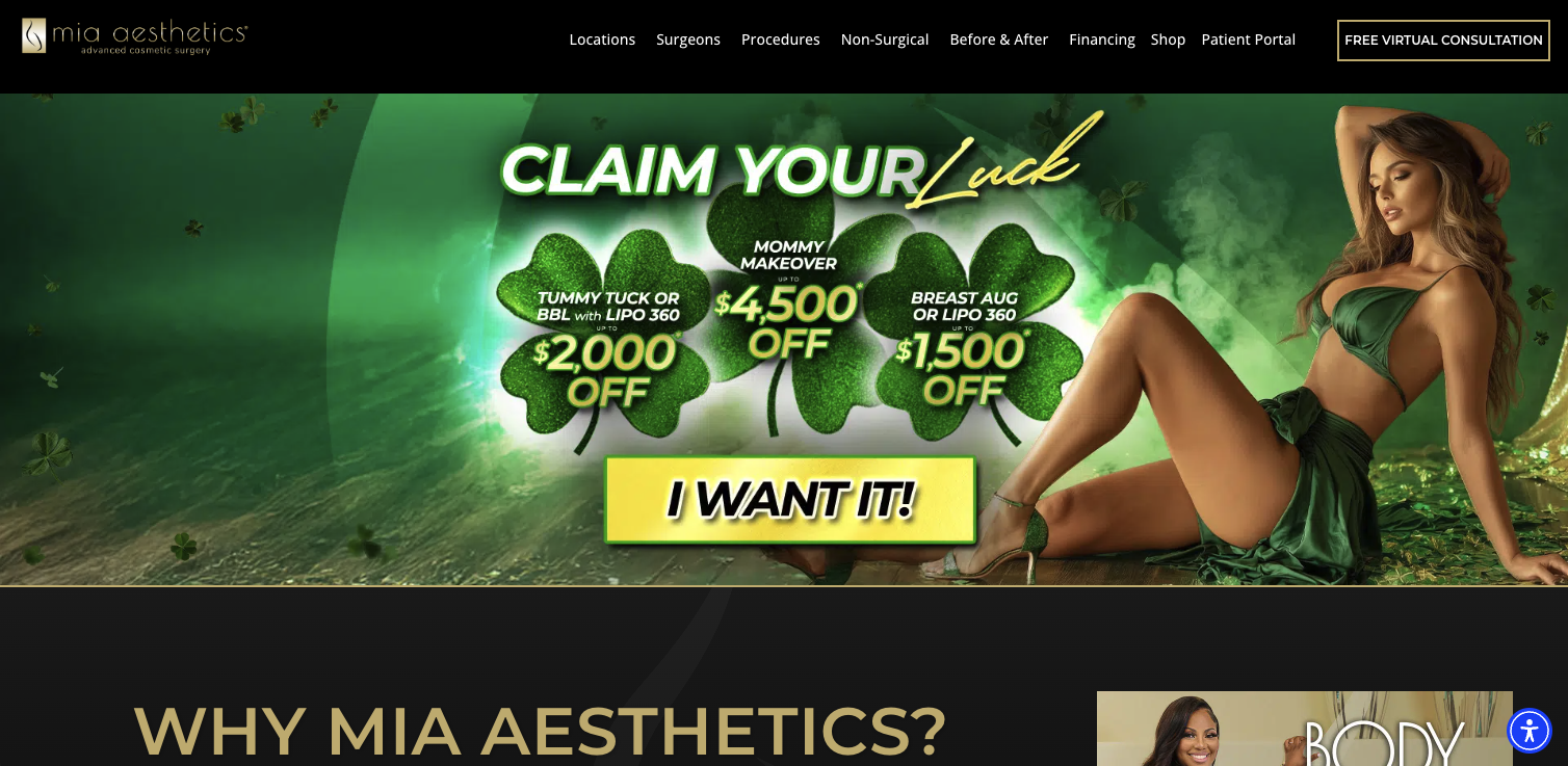 Hero section of a cosmetic clinic website, Mia Aesthetics