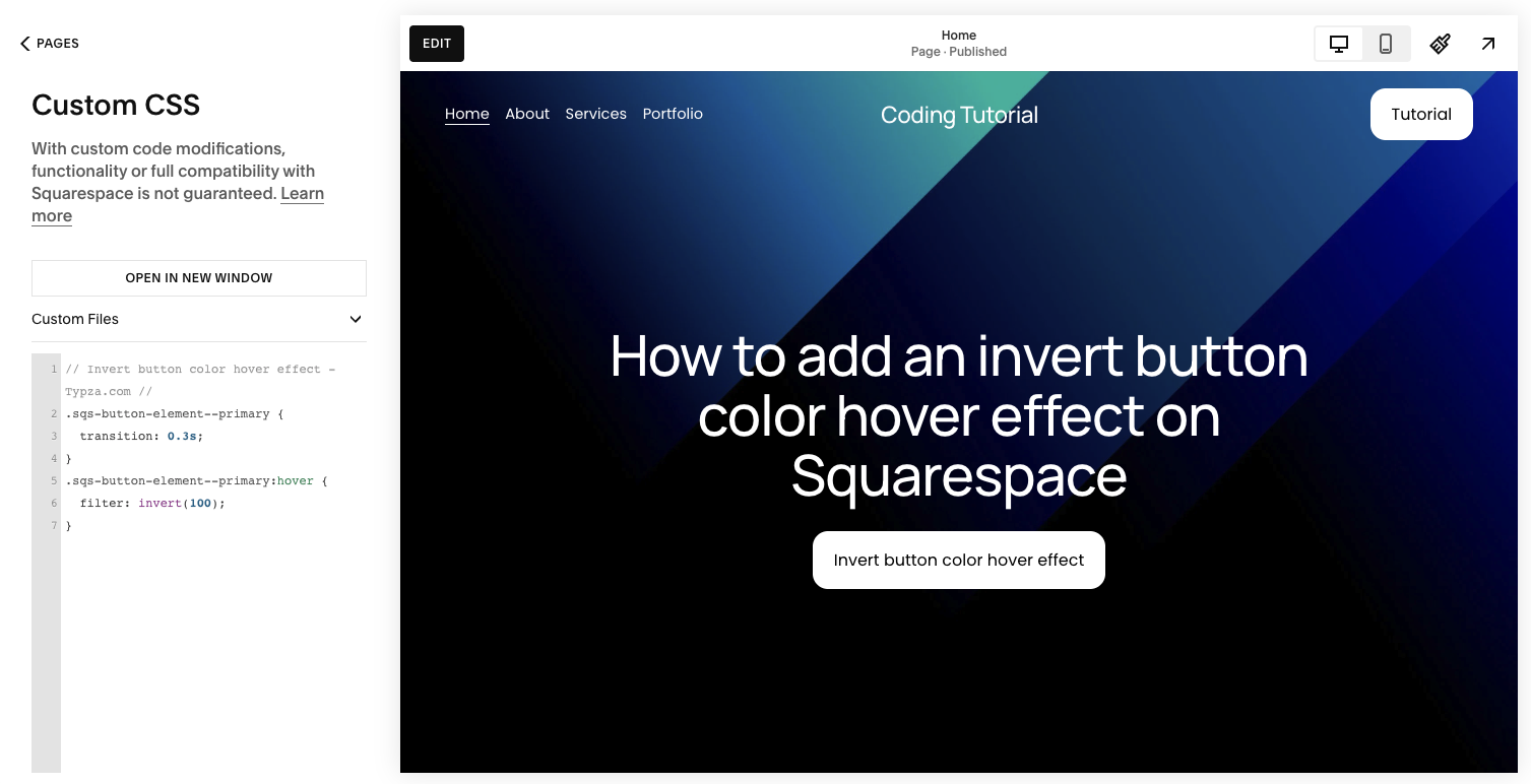 Screenshot of step 2 on how to add an invert button color hover effect on Squarespace