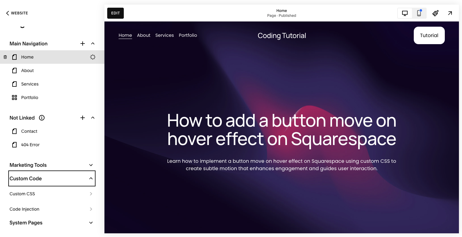 Screenshot of step 1 on how to add a button move on hover effect on Squarespace