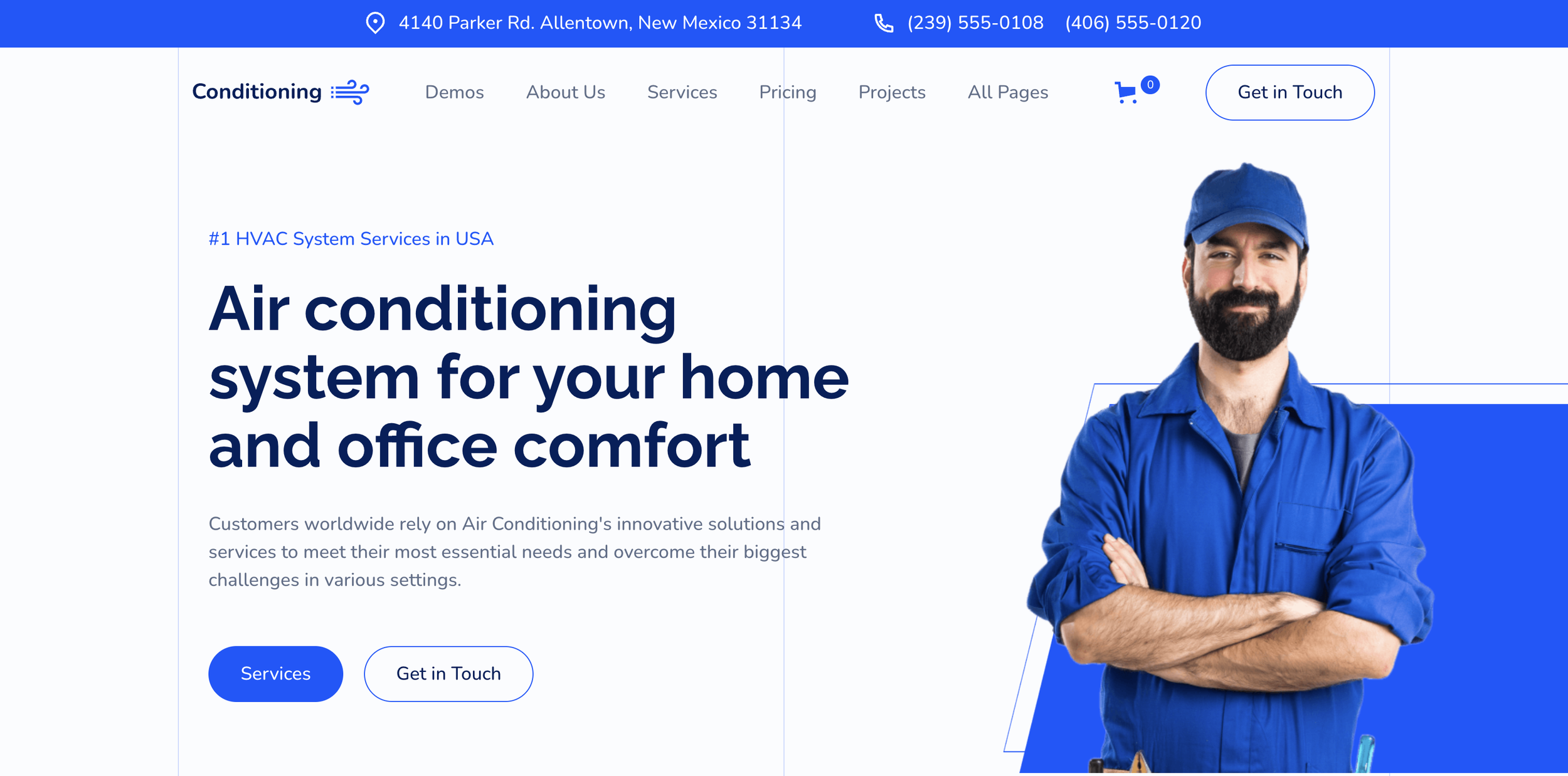 Hero section of a HVAC company website, Conditioning