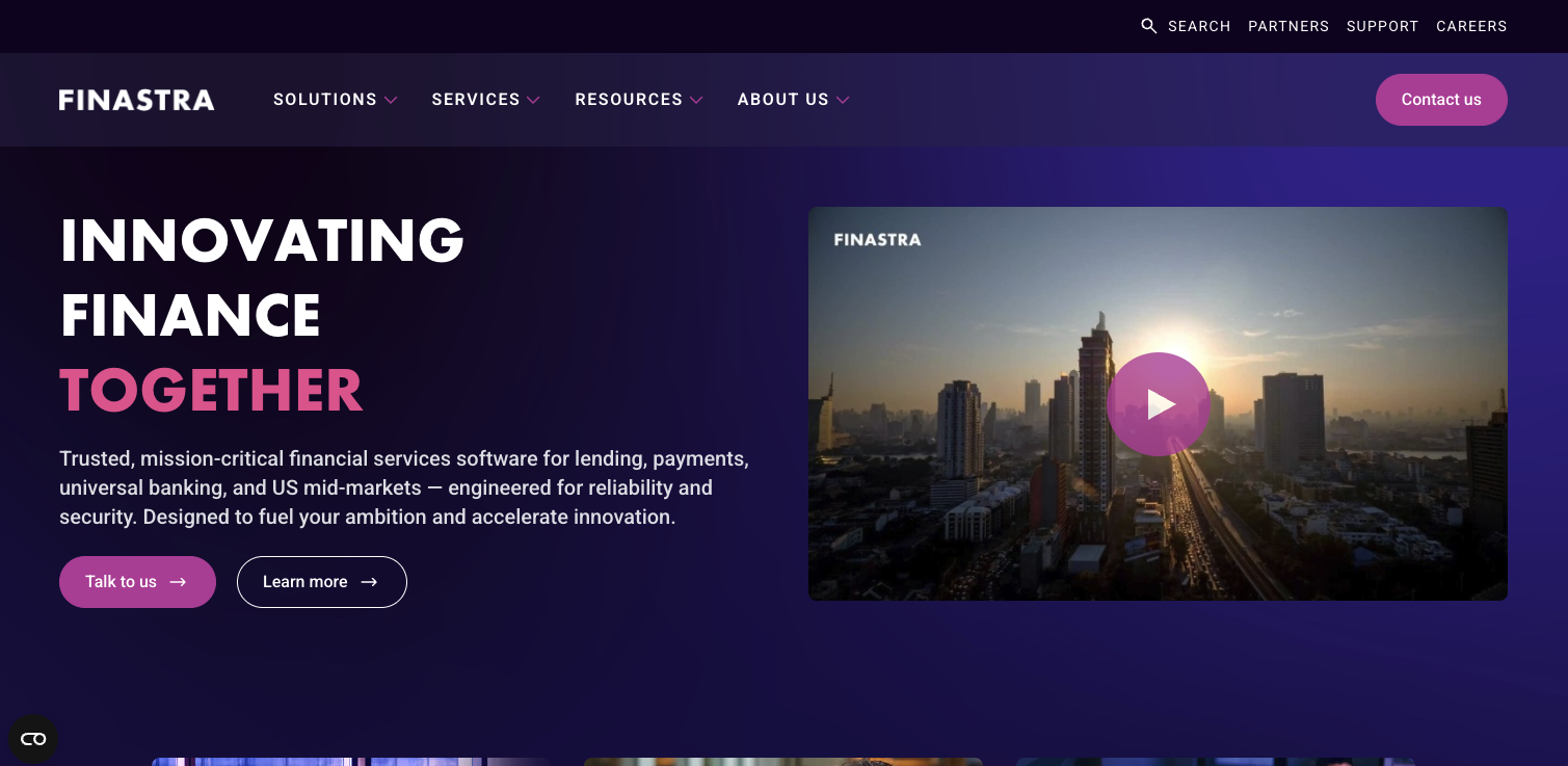 Hero section of a fintech startup website, Finastra