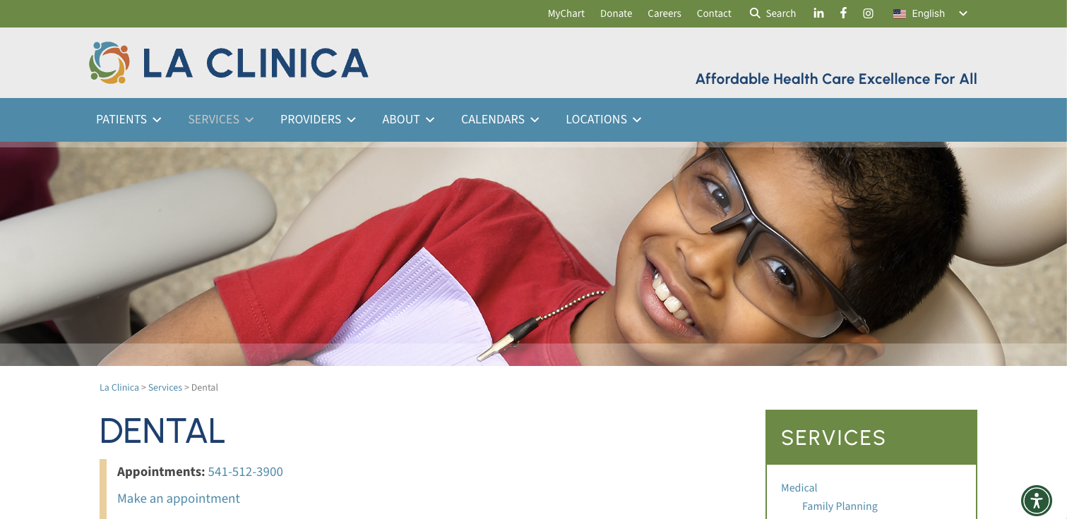 Hero section of a dental practice website, LA Clinica