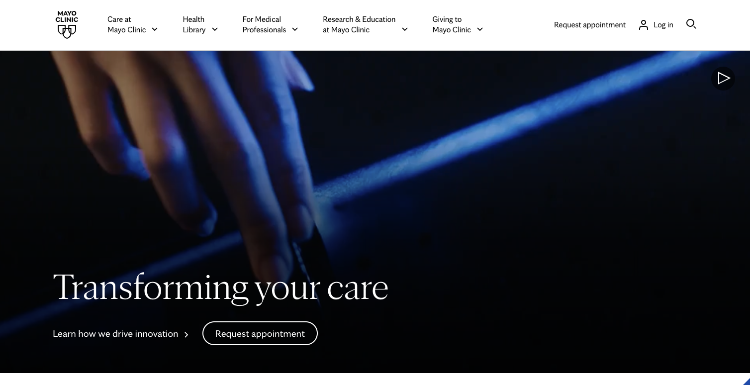 Hero section of a private hospital website, Mayo Clinic