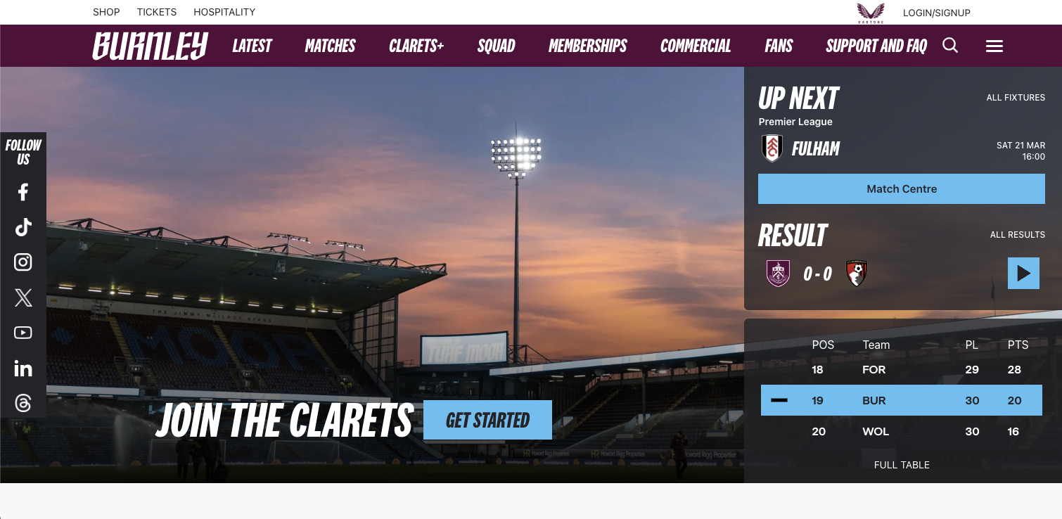 Hero section of a sport club website, Burnley