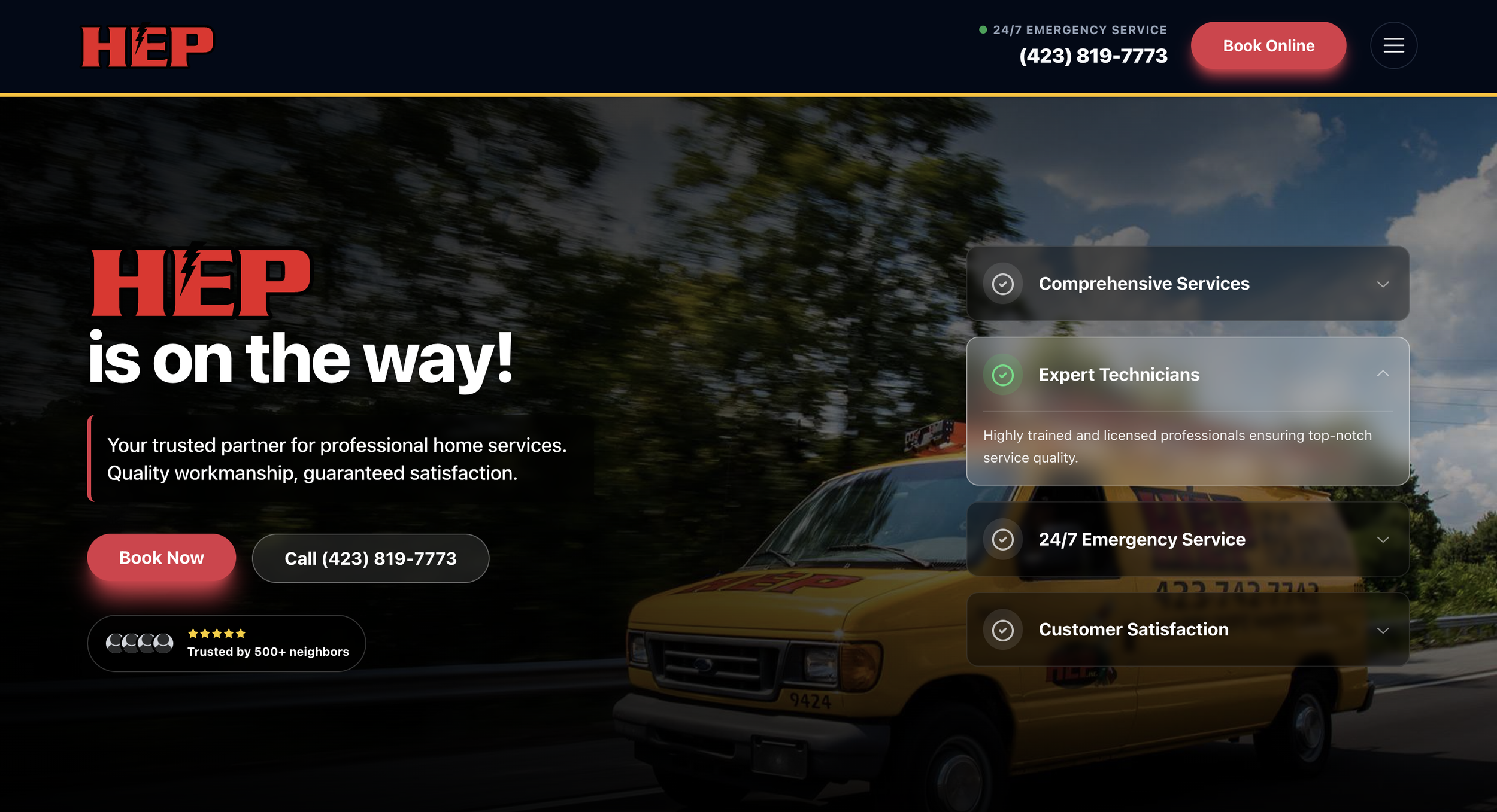 Hero section of a HVAC company website, HEP