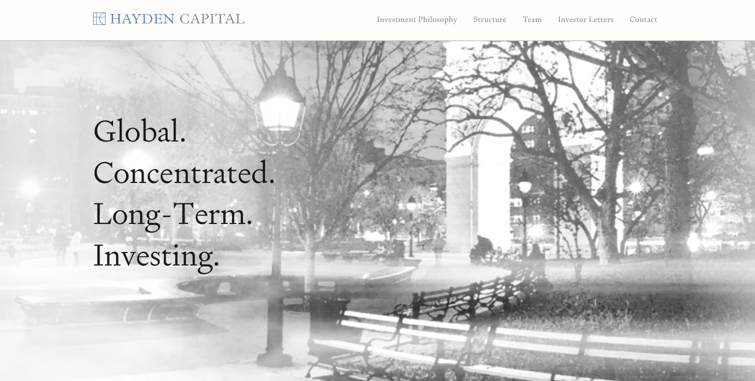 Hero section of a hedge fund website, Hayden Capital
