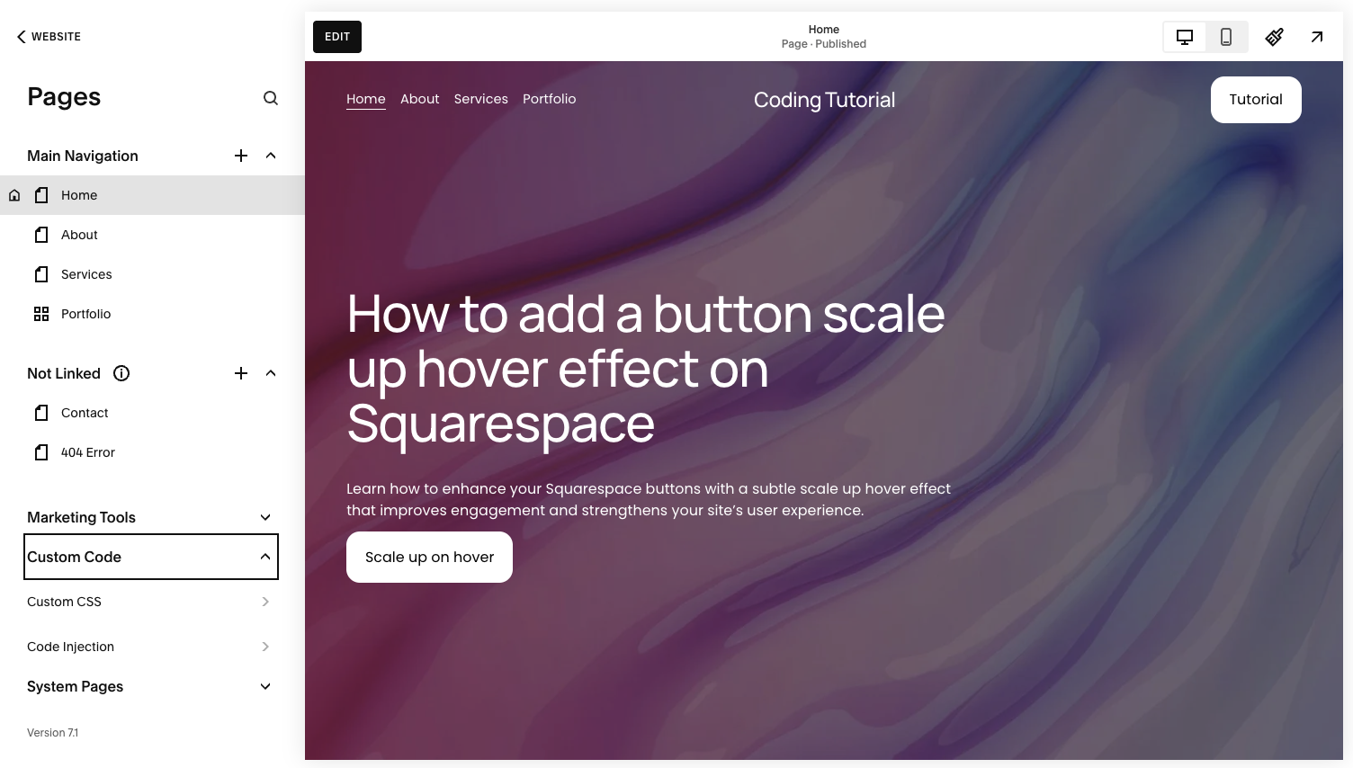 Screenshot of step 1 on how to add a button scale up hover effect on Squarespace