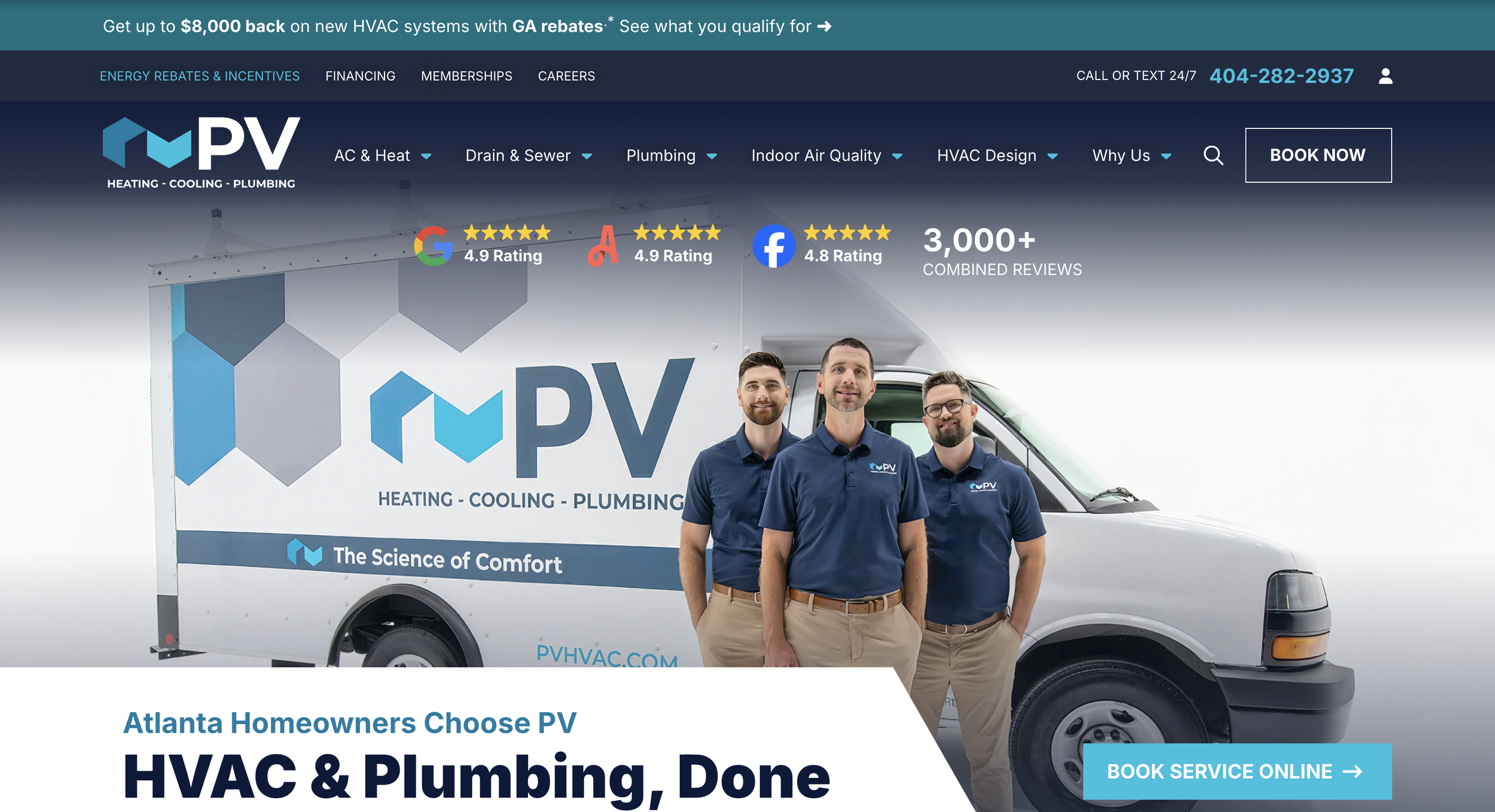 Hero section of a HVAC company website, PVHvac