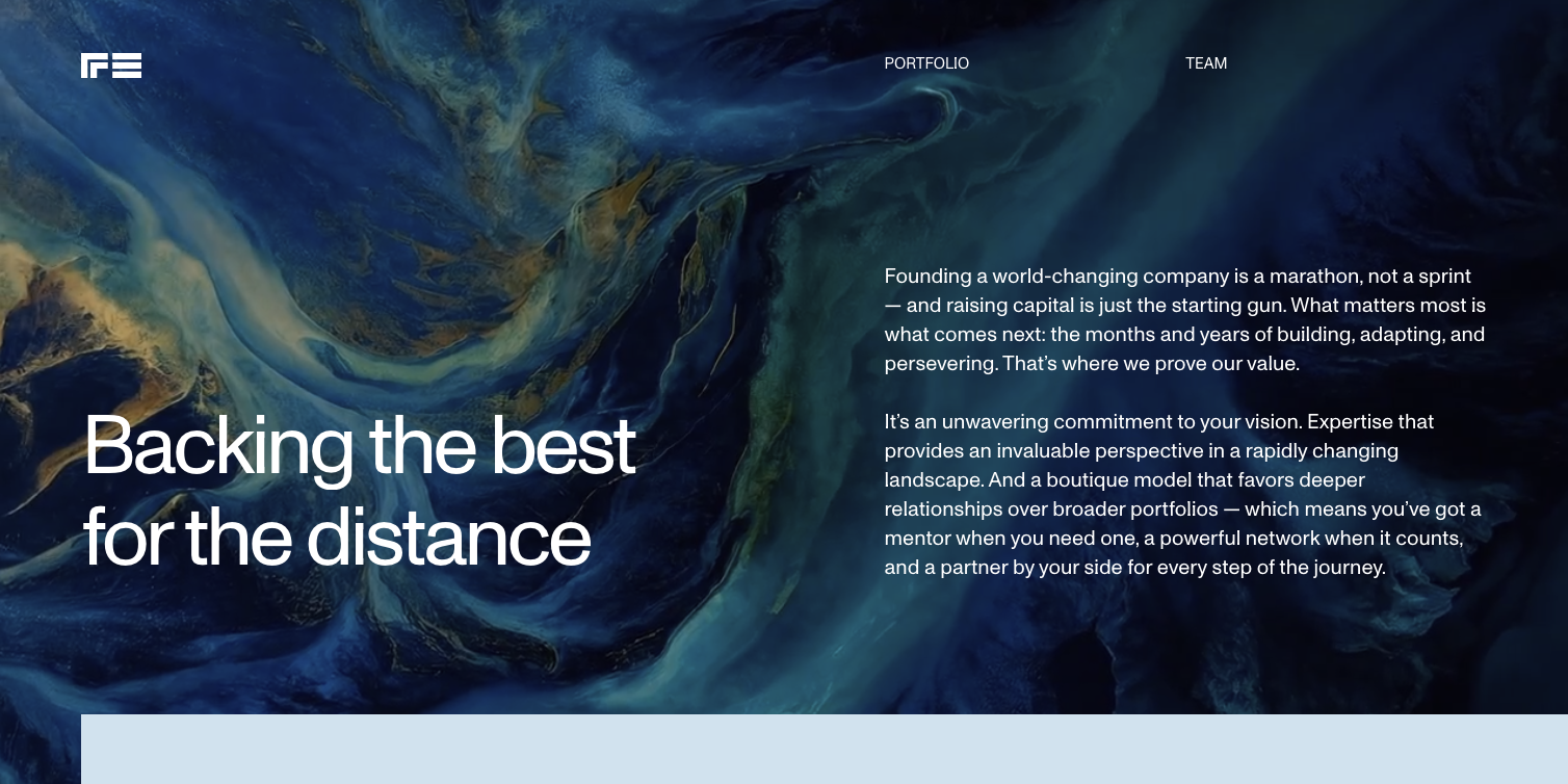 Hero section of a venture capital firm website, RRE