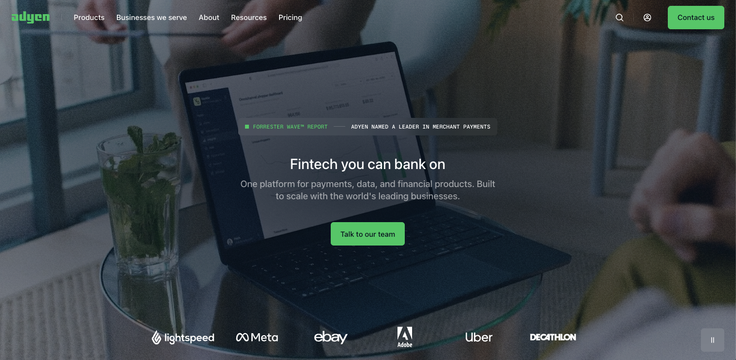 Hero section of a fintech startup website, Adyen