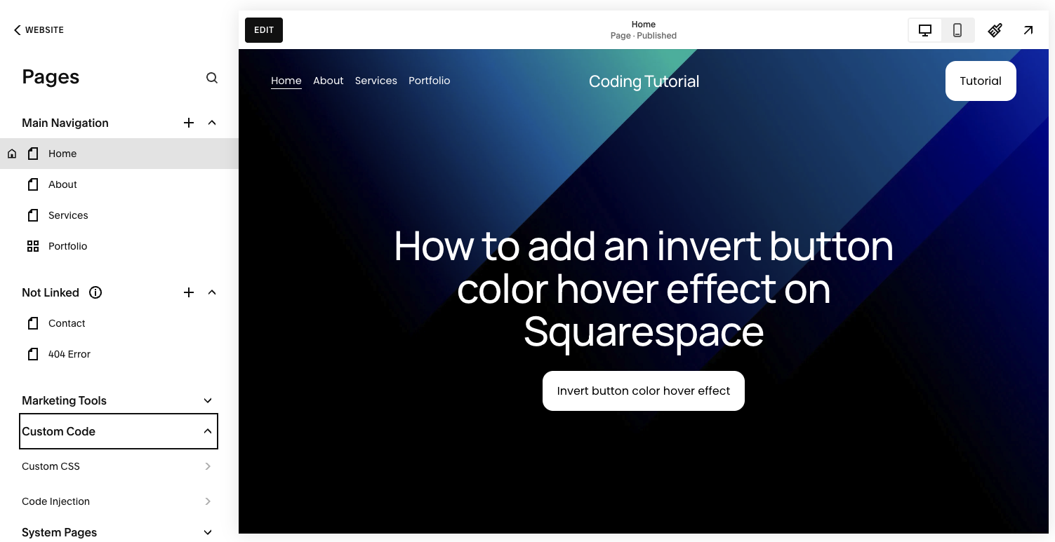 Screenshot of step 1 on how to add an invert button color hover effect on Squarespace