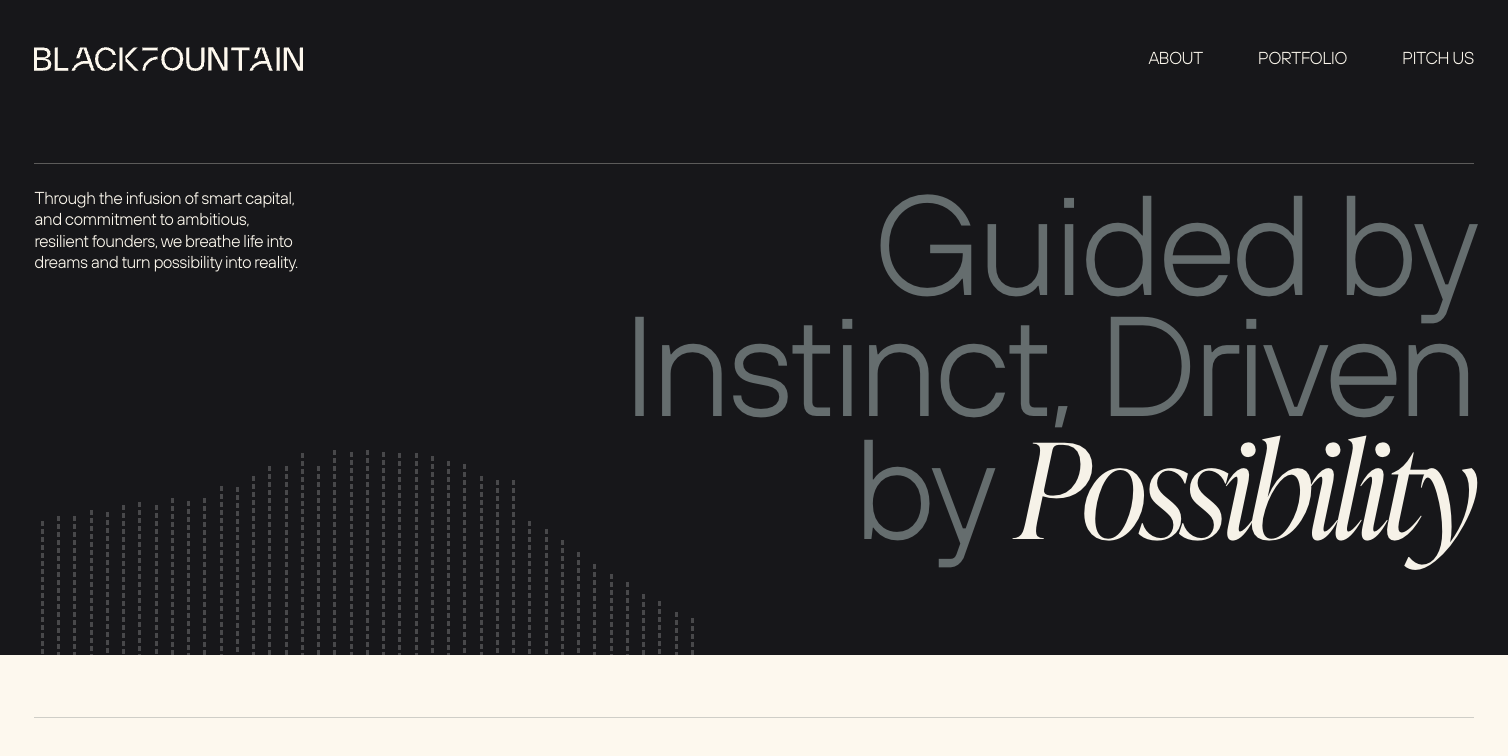 Hero section of a venture capital firm website, Black Fountain