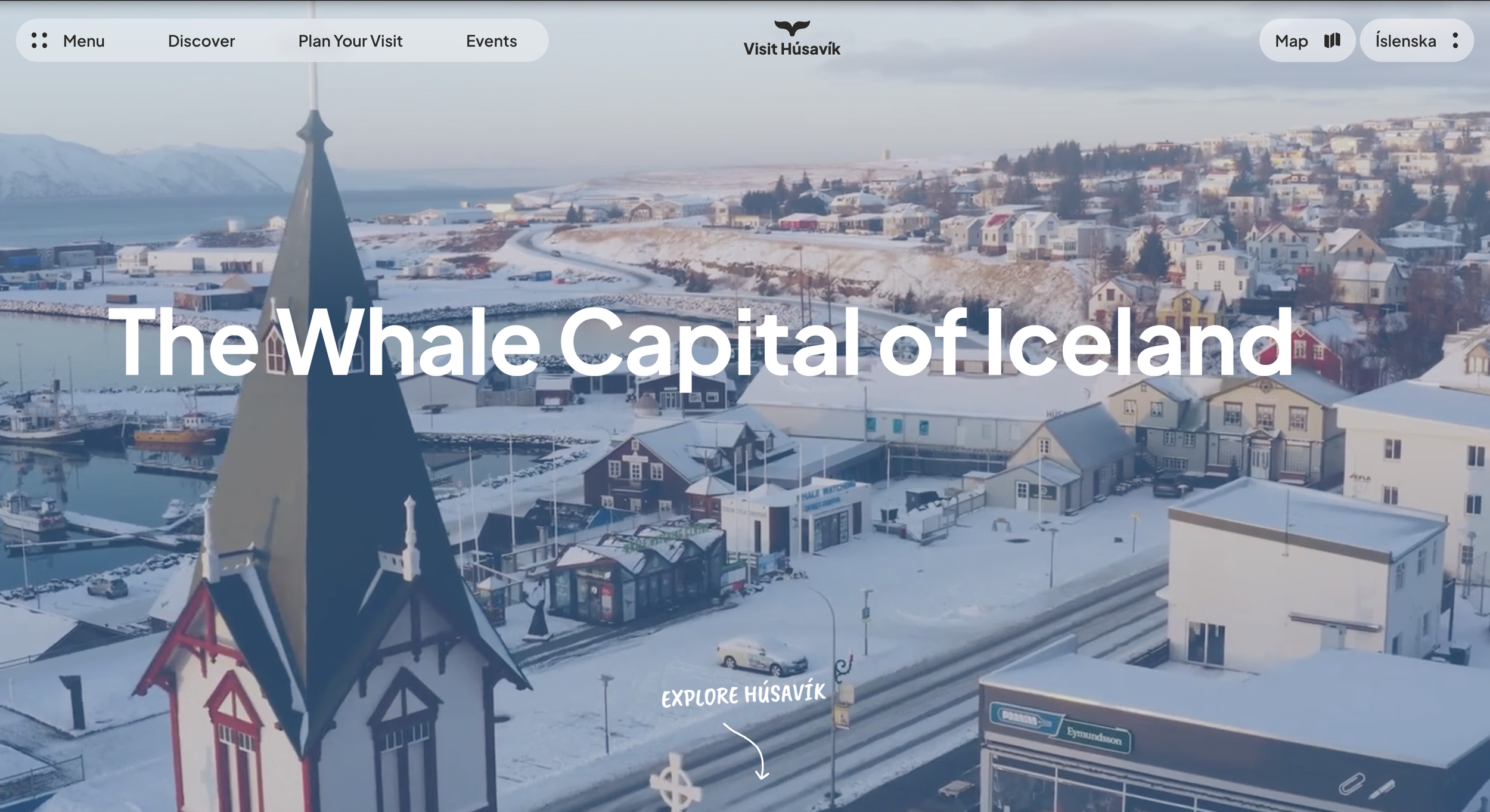 Hero section of an event planner website, Visit Husavik