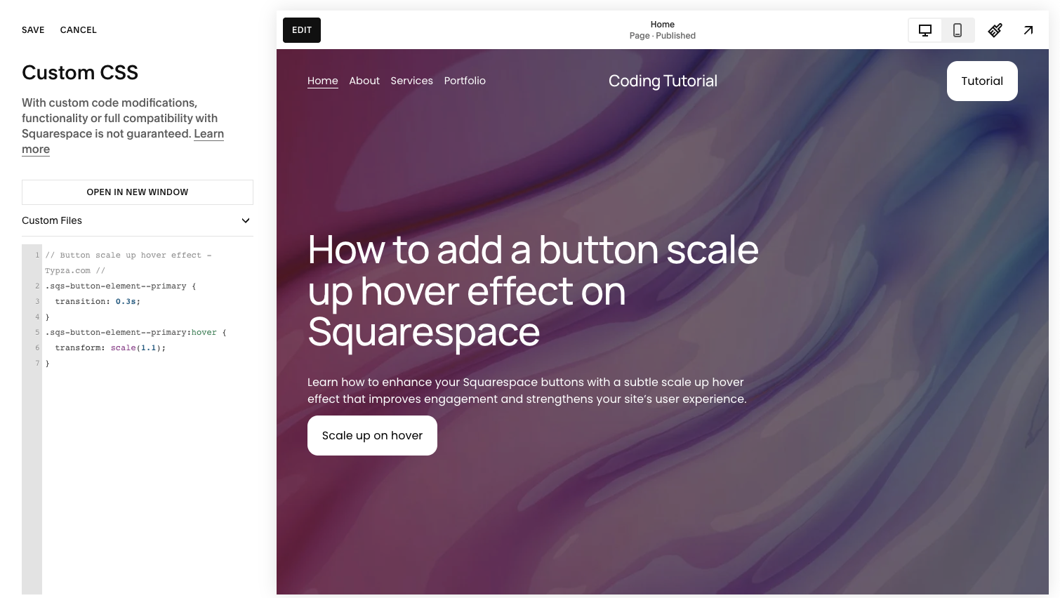 Screenshot of step 2 on how to add a button scale up hover effect on Squarespace