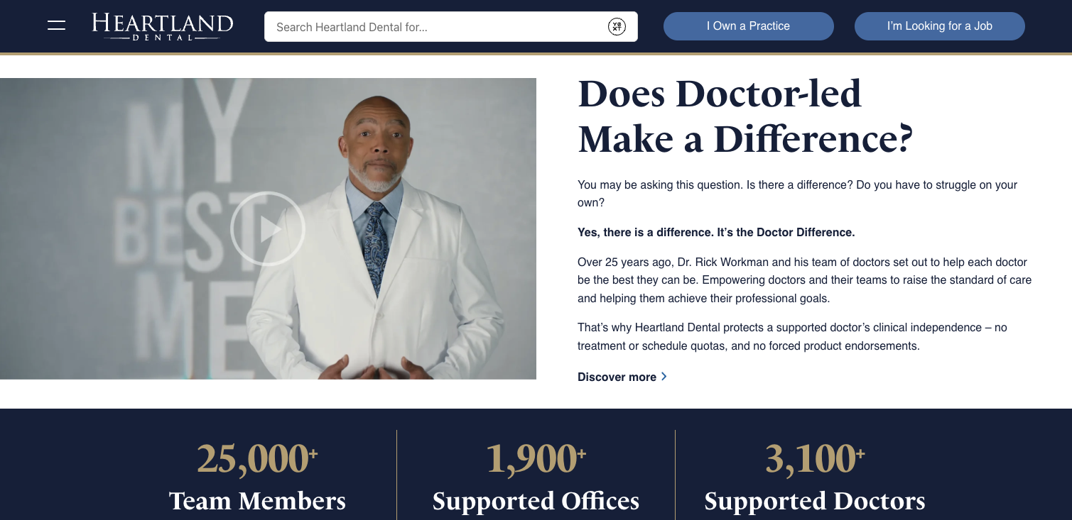 Hero section of a dental practice website, Heartland Dental