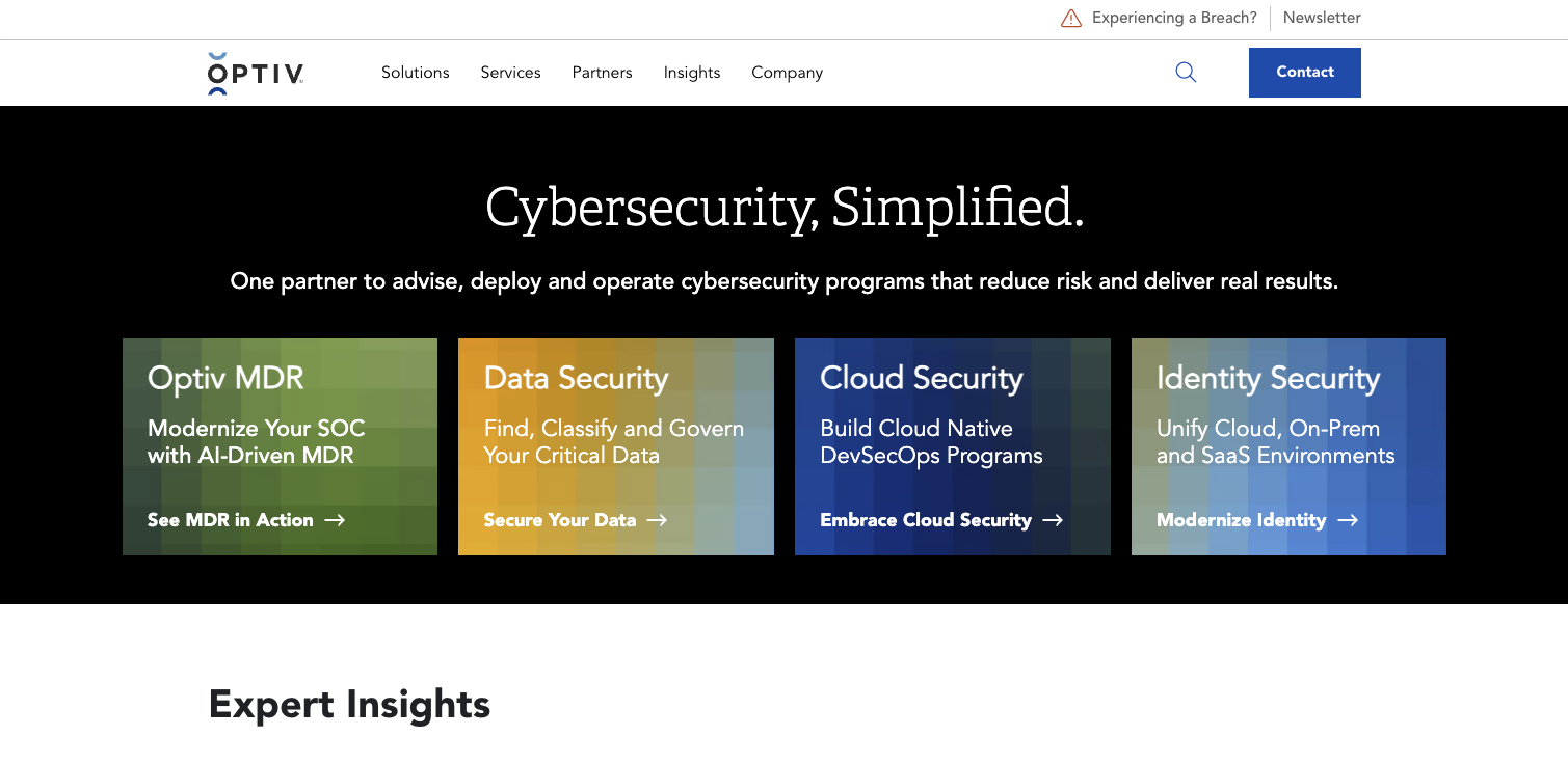 Hero section of a cybersecurity company website, Optiv