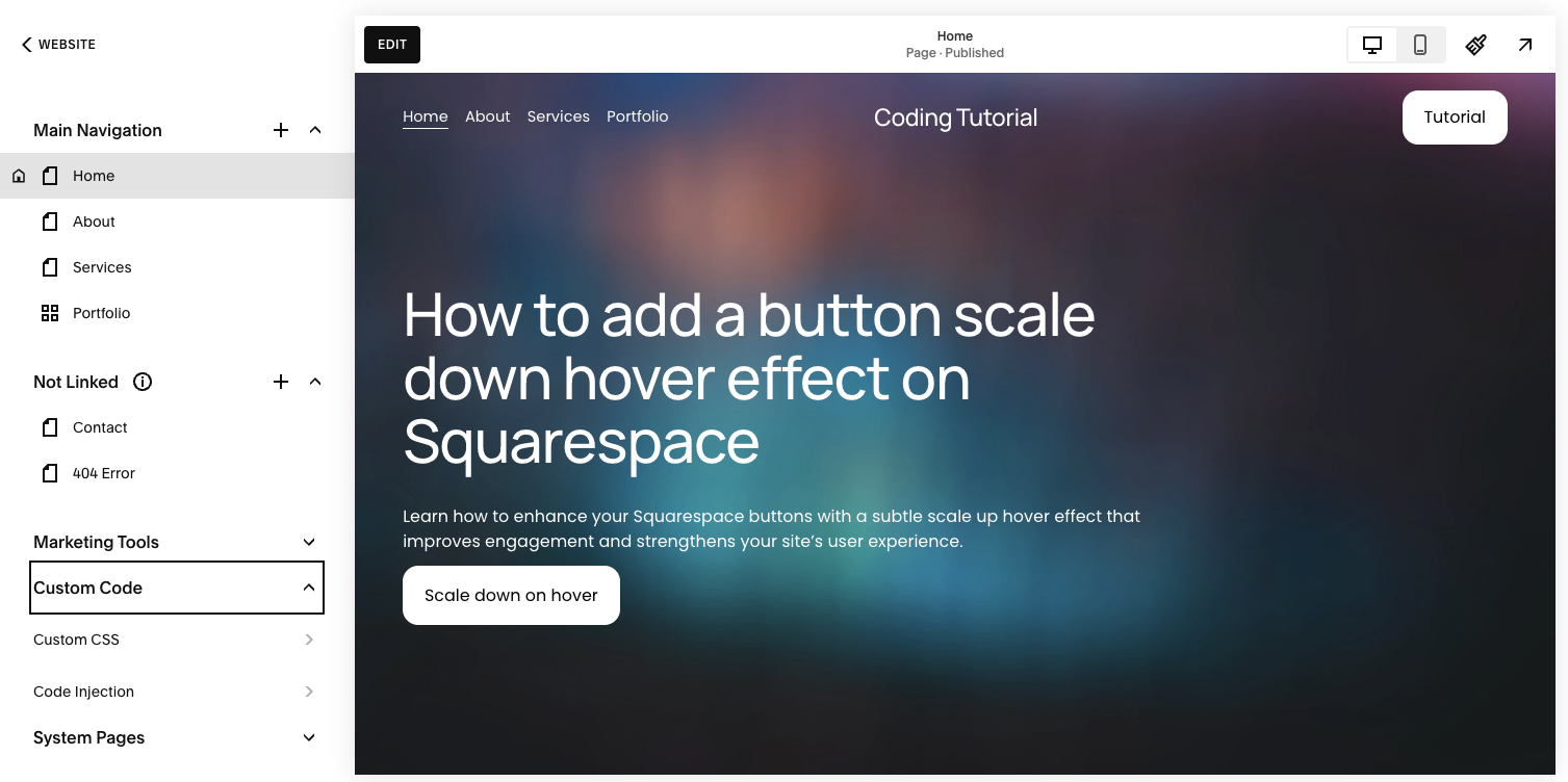Screenshot of step 1 on how to add a button scale down hover effect on Squarespace