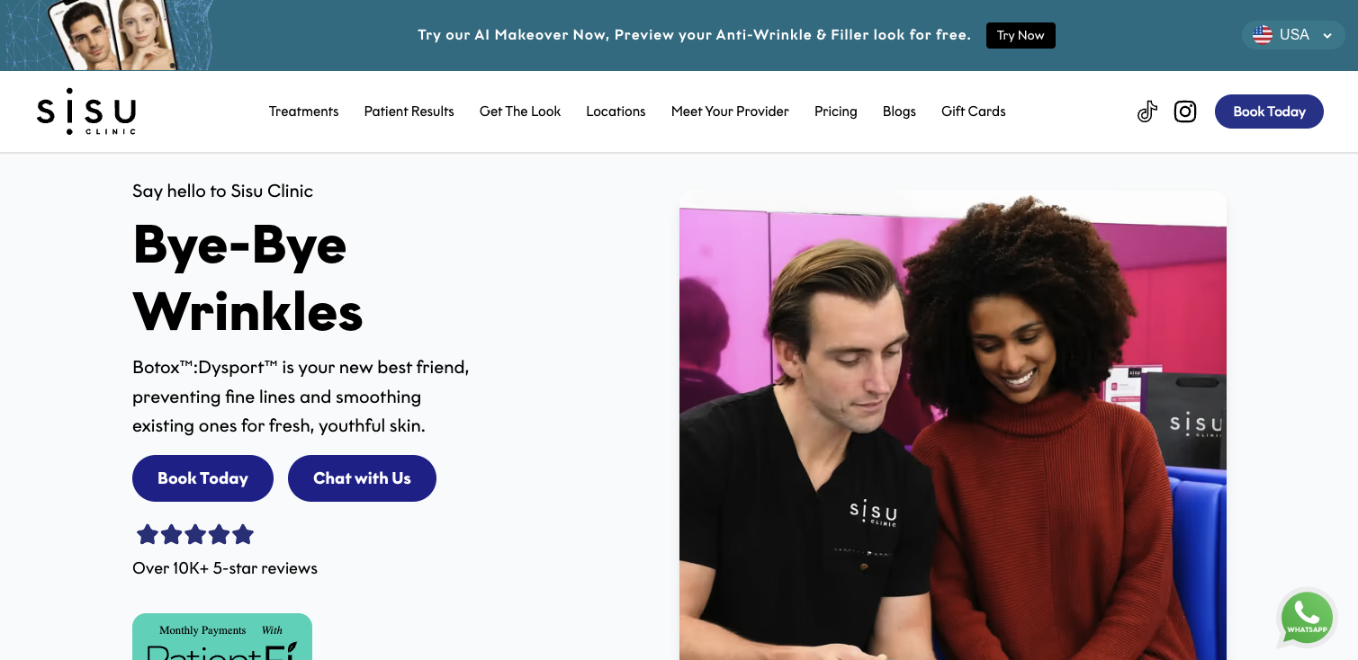 Hero section of a cosmetic clinic website, Sisu Clinic