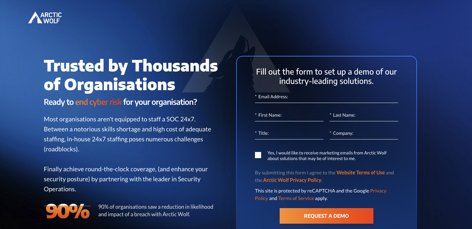 Hero section of a cybersecurity company website, Artic Wolf