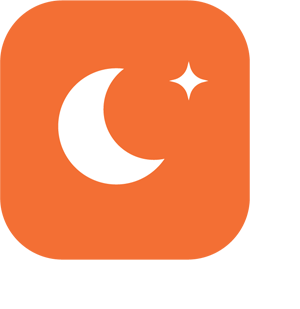 Night mode icon with a moon and star on an orange background.
