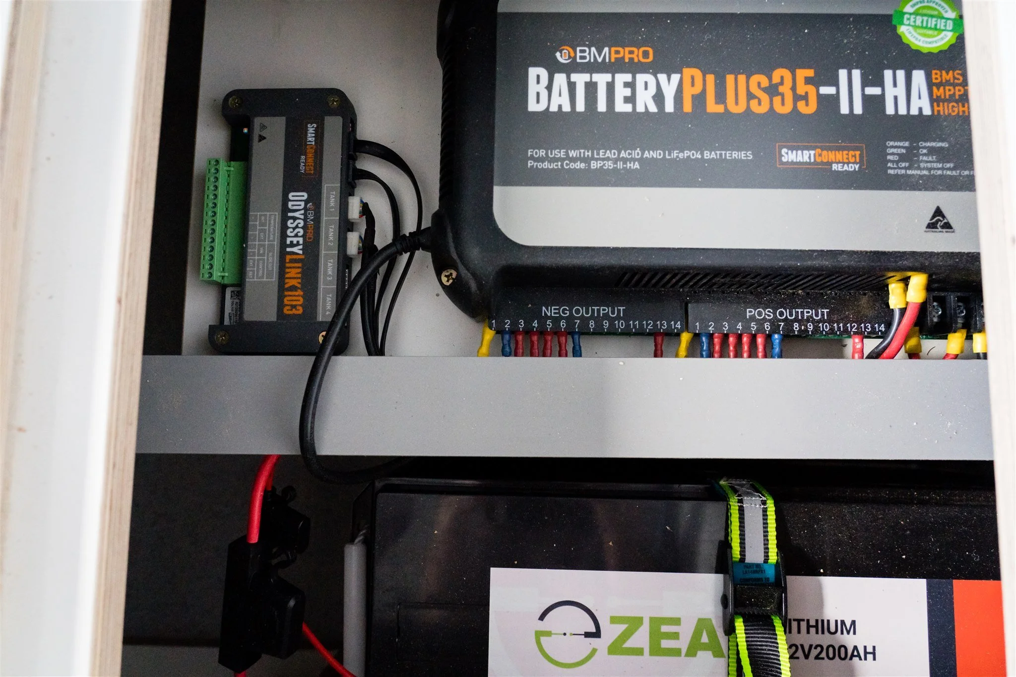 Inside an electrical box, a large BM Pro Battery Plus 35-II-H2A battery, a BY Odyssey 103 battery management system connected with wires, and a Zeva lithium battery with a strap are visible, along with wire connections labeled NEG OUTPUT and POS OUTP