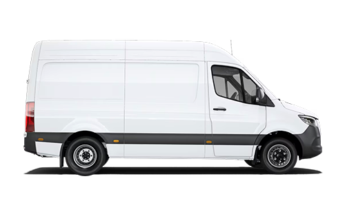 White cargo van with black tires and tinted windows