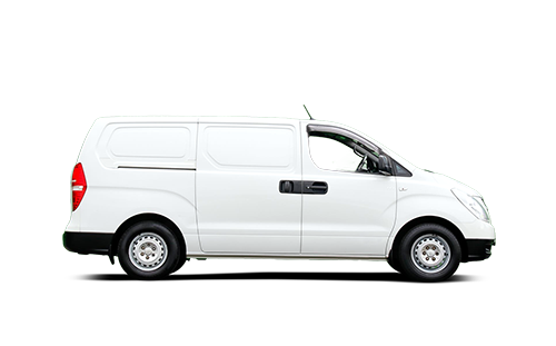 Side view of a white cargo van with black accents and silver wheels.