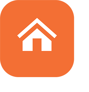Flat icon of a white house with a triangular roof on an orange background