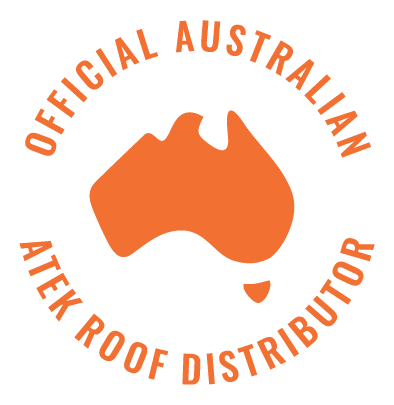 A black circular badge featuring an orange shape resembling a kangaroo's head. The text around the circle reads 'Official Australian' at the top and 'Tek Roof Distributor' at the bottom, in orange letters.