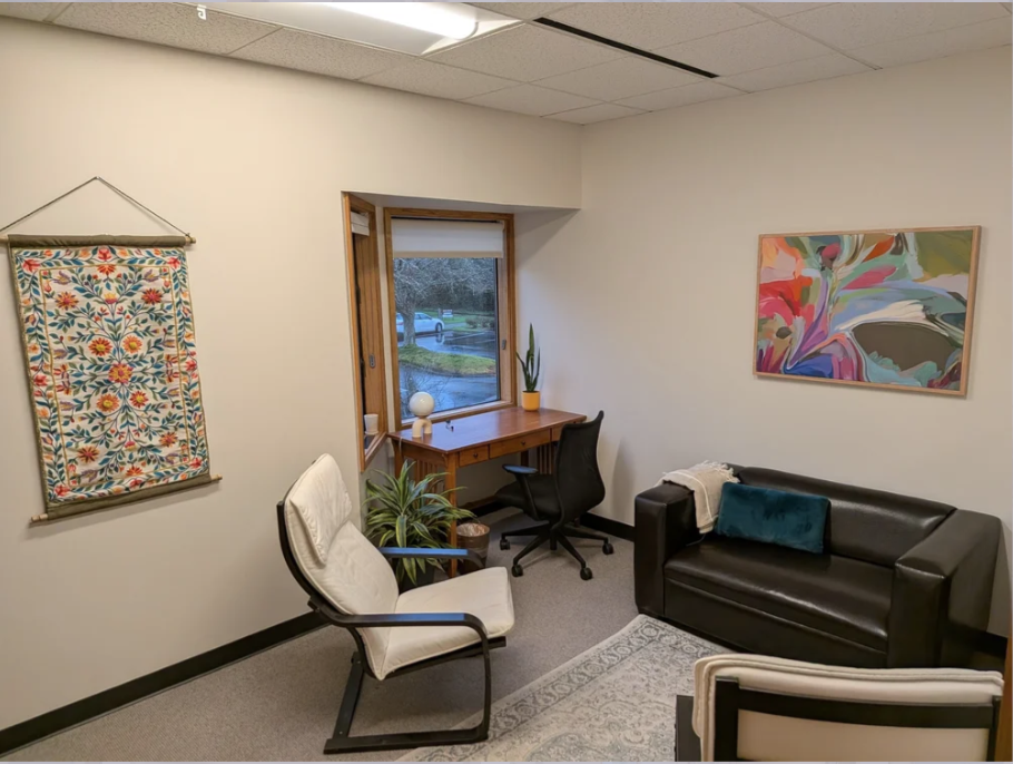 A small, cozy room with a black leather sofa, a white armchair, and a wooden desk by the window. The room is decorated with a colorful textile wall hanging, a framed abstract painting, and various plants. There is a window showing a street view with trees and a car.