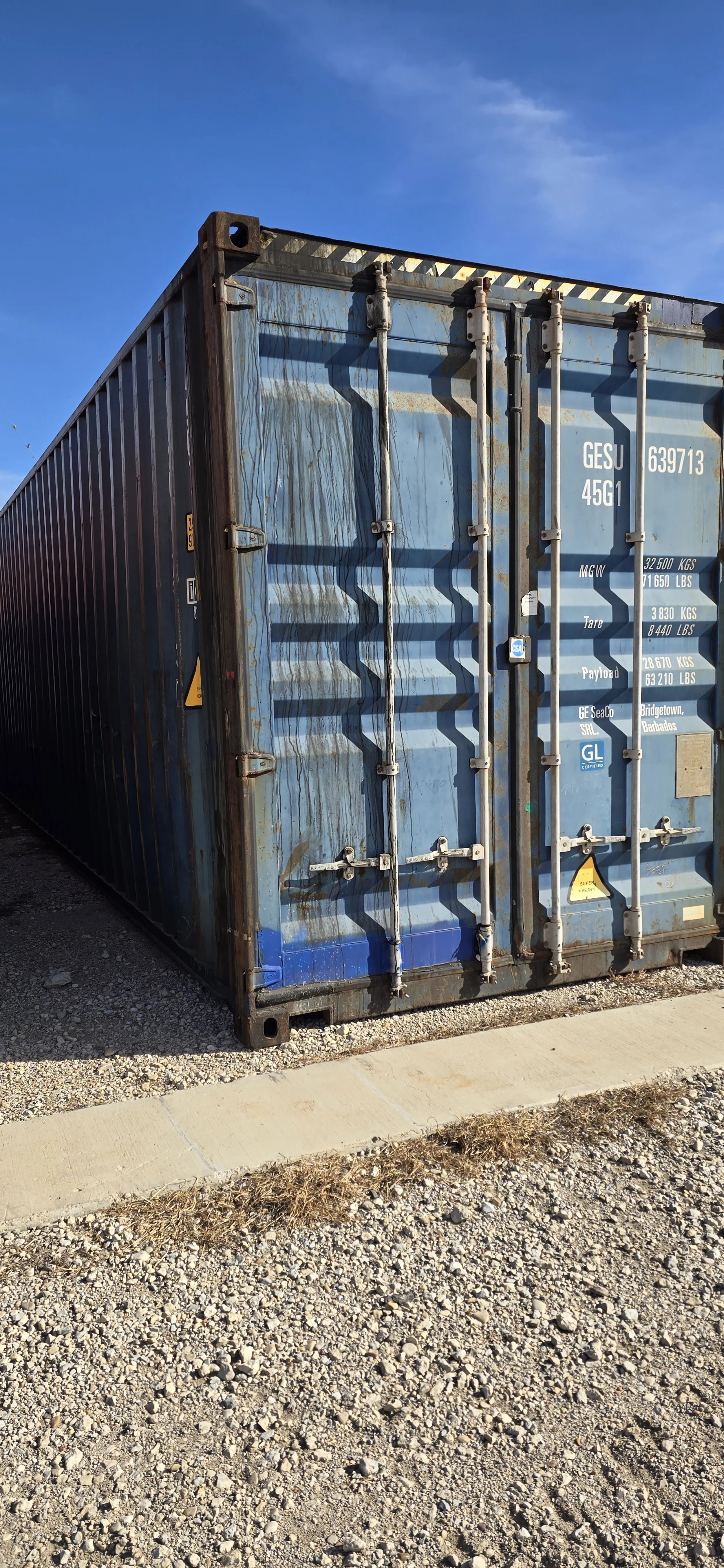 Used 40 ft storage container in Fort Worth, TX with blue steel exterior, double swing doors, and visible corner casting. Wind and water tight condition.